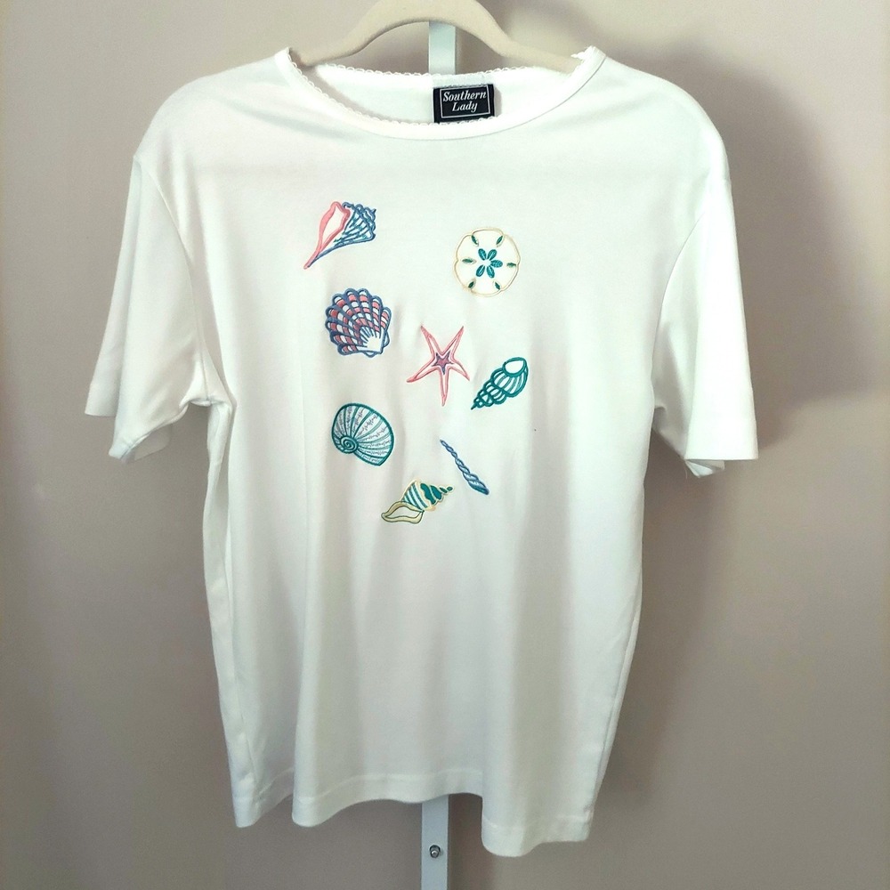Womens White Embroidered Sea Shell Short Sleeve Top M Beach Coastal Nautical